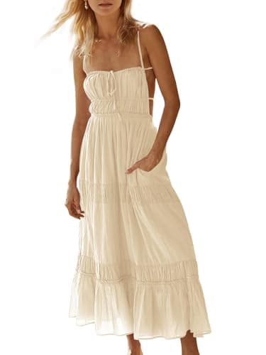 Wenrine Womens Summer Beach Dresses Backless Spaghetti Straps Self Tie Tiered Flowy Casual Maxi Dress with Pockets Beige - Image 1
