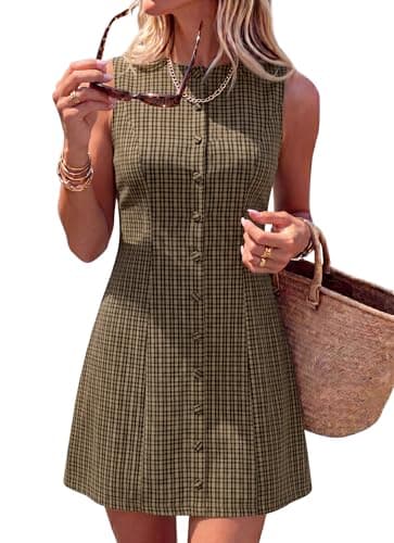BTFBM Summer Dresses for Women 2026 Plaid Sleeveless Zip Up A Line Mini Dress Business Casual Vacation Gingham Sundress(Brown, Medium) - Image 1