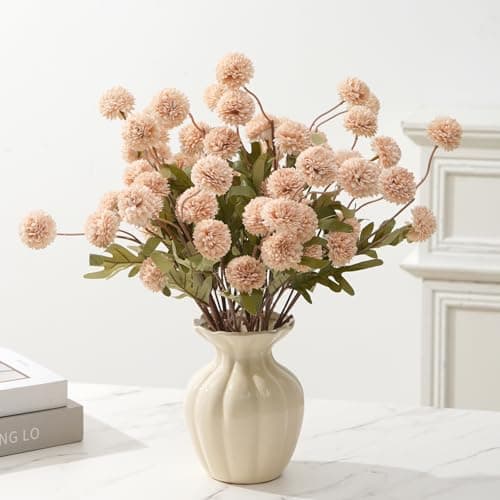 trytuny Fake Fall Flowers for Vase, Faux Silk Kiku Mums, Artificial Pom pom Floral Bouquets Indoor Centerpiece Office Coffee Table Boho Home Decorations (9, Khaki)
