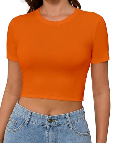 Abardsion Women's Baby Tees Slim Fit Crew Neck Short Sleeve Crop Tops - Basic Y2K T Shirts for Summer Daily Wear & Workout Orange Mudium - Image 1