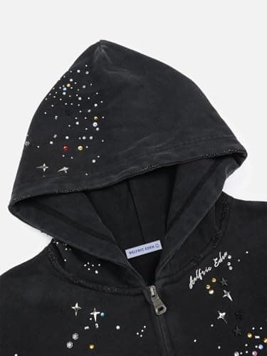 Aelfric Eden Star Rhinestone Zip Up Hoodies Womens Mens Casual Hooded Jackets Unisex Loose Crystal Y2K Pocket Sweatshirts Black L - Thumbnail 5