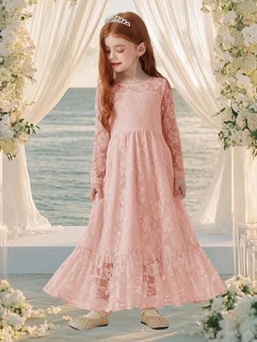 ALLOVIN Toddler & Girls Long Sleeve Lace Flower Girl Dress Maxi Boho A-Line Dress for Wedding Baptism 1st Communion | Dusty Pink | 4-5Y - Thumbnail 3