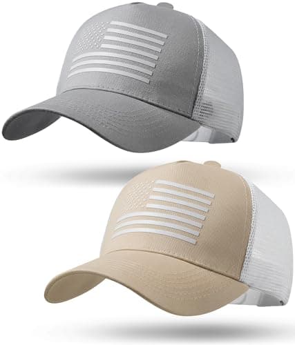 spxkd American Flag Trucker Hat,USA Hat for Men Women Snapback Baseball Cap Adjustable Breathable Mesh Side Durable Hats Outdoor(US, Alpha, Medium, 2 Pcs Khaki and Light Grew) - Image 1