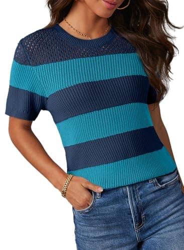 Dokotoo Women's Short Sleeve Tops Casual Striped Color Block Summer Tops for Women Trendy 2026 Knit Shirts for Women Cute Crewneck Tshirt Blouse Blue XX-Large - Image 1