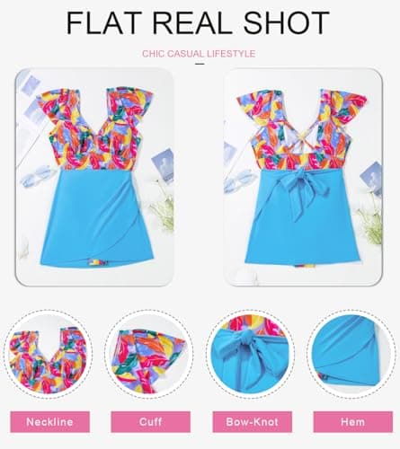 Dokotoo Sexy One Piece Swimsuit for Women Beach Floral Printed Swim Suits Fashion Padded Monokini Ruffle Short Sleeve Swimsuits One Pieces V-Neck Bathing Suits for Women 2026 Sky Blue XX-Large - Thumbnail 4