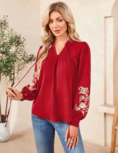 LOOKBOHO Peplum Blouses for Women Puff Long Sleeve Embroidered Boho Tops Tie Front V Neck Mexican Shirt Dressy Casual XL - Thumbnail 2