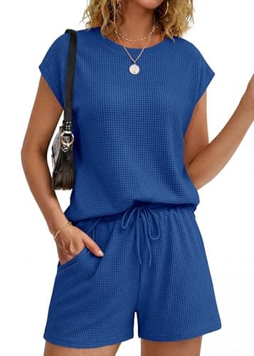 KIRUNDO Short Sets For Women 2026 Summer Cap Sleeve Two Piece Set Waffle Knit Matching Lounge Drawstring Vacation Outfits(Blue, X-Large) - Image 1