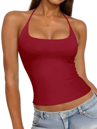 REORIA Womens Sexy Halter Backless Tank Tops Square Neck Camisole Crop Tops Basic Double Lined Sleeveless Shirts Y2K Trendy Going Out Tops, Ruby Medium - Image 1