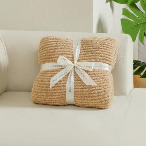 bearberry Soft Rib Knit Blanket Thin Warm & Breathable - Snuggly Minky Throw for Everyday Use, Travel, Chair | All-Season Machine Washable for Couches, Gifts, Family (Camel, 50”x60”) - Thumbnail 5