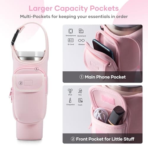 Bufilea Carrier Bag with Phone&Flap Pockets for Stanley 40/30oz Tumbler with Handle, Insulated Neoprene Cup Holder Carrier Bag w/Shoulder & Handheld Strap Fits Stanley Cup Accessories - Thumbnail 2