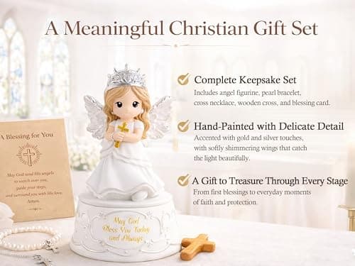 Gleemoria First Communion Gifts for Girls – Baptism & Confirmation Gifts for Teen Girls, Angel Figurine with Keepsake Box, Cross Necklace for Girls & Adjustable Bracelet & Wood Cross - Thumbnail 6