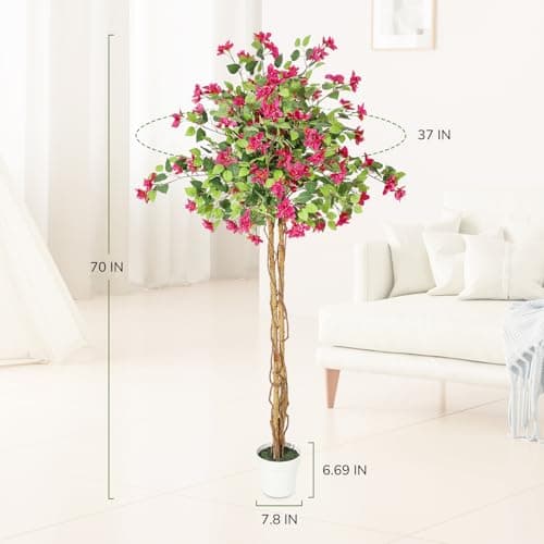 GarveeHome 6 ft Artificial Bougainvillea Tree, Tall Potted Fake Tree Indoor, Faux Tree with Wood Trunk and Pink Flowers for Outdoor - Thumbnail 4
