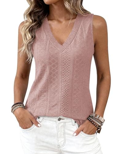 BTFBM Womens Tank Tops 2026 Summer Eyelet Crossed V Neck Sleeveless Casual Loose Fit Basic Spring Top Vacation Outfits(Pink, Small) - Thumbnail 3
