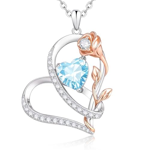 Rose Heart Birthstone Necklace for Women - Dainty 925 Sterling Silver Necklaces for Women Trendy CZ Pendant Necklace Jewelry Birthday Anniversary Christmas Gifts for Girlfriend Mom Lady Daughter - Image 1