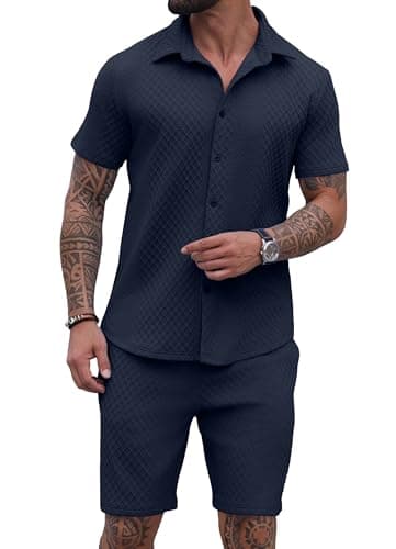 PrinStory Mens 2 Pieces Outfits Short Sleeve Tracksuit Beach Button Down Shirts and Shorts Set with Pockets Navy Blue-XL - Image 1