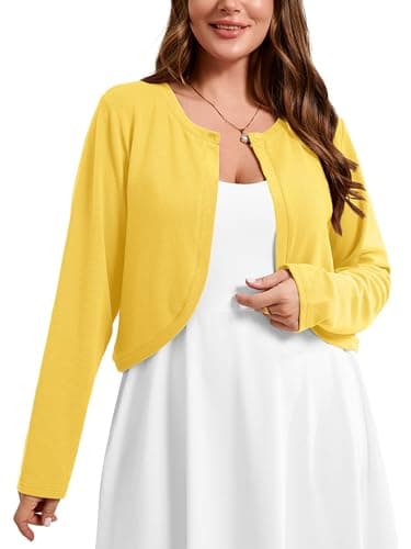 AusLook Plus Size Women Shrugs Long Sleeve Bright Yellow 5X Open Front Cardigan Knit Lightweight Coat Cropped Bolero Tops Shawls and Wraps Dressy Sweater - Image 1
