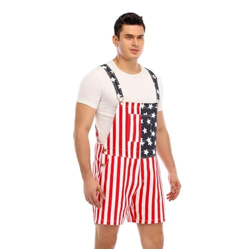 HEYSCRINT American Flag Denim Bib Overalls Patriotic Rompers Shorts Summer Holiday Jumpsuit Costume Outfit Mens & Womens (F02-M - Thumbnail 4