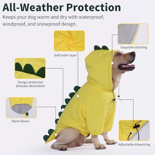 LovinPet Dog Warm Coat with Hood – Medium & Large Dinosaur Hoodie Winter Jacket for Cold Weather, Yellow & Green Coat for Large Dogs,XXL - Thumbnail 4