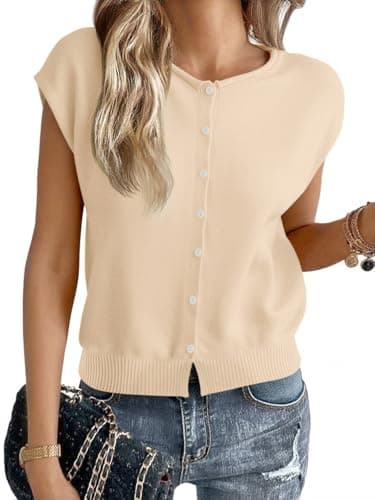 Cicy Bell Womens Cap Sleeve Sweater Vest Lightweight Casual Knit Tank Tops Trendy Crew Neck Button Cardigans Beige - Image 1