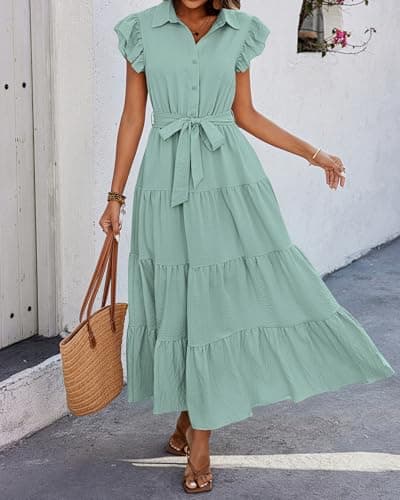 dowerme Women's Summer Casual Dresses 2026 Cap Ruffle Sleeve V Neck Button Belted Tiered Boho Maxi Dress with Pockets(Mint Green,Medium) - Thumbnail 6