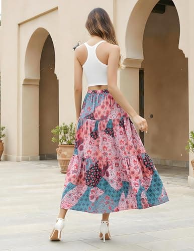 Aprolive Womens Summer Maxi Skirt Drawstring Elastic High Waist Skirt Tie Long Skirts A-Line Skirts Flower Boho Dress 2026 Clothes(1-B Multicolor,Large) - Thumbnail 3