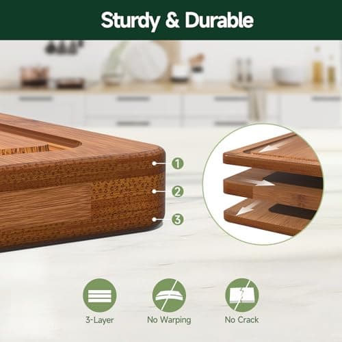 Zeawec 3-Piece Set Bamboo Cutting Board for Kitchen - Crack-Resistant Wood Chopping Boards with Deep Juice Grooves, Pre-Oiled Butcher Block for Meat, Vegetables & Cheese, Carbonized - Thumbnail 3