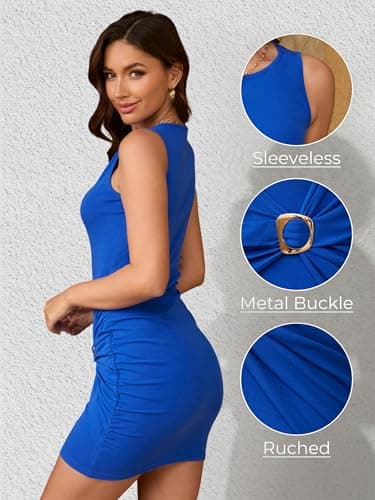 AUMORA Women's Sleeveless Ruched Bodycon Short Dress Crew Neck Tank Metal Buckle Cocktail Party Mini Dresses Royal Blue - Thumbnail 4