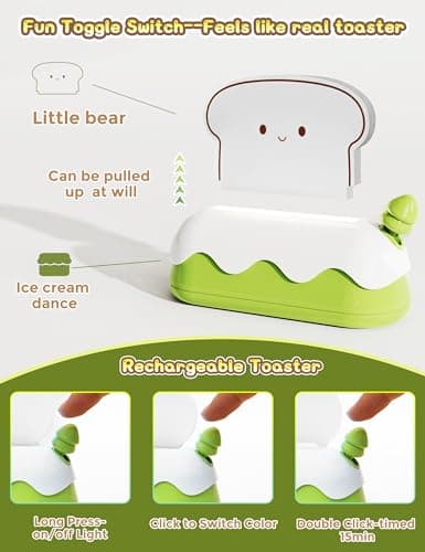 L LOHAS LED Cute Toaster Night Lights for Kids, Kawaii Stuff Bread Desk Lamp with Smile Face, Rechargeable Desk Decor for Bedroom, Besides, Dinning, Nursery Night Light for Kids, Boys, Girls, Gifts - Thumbnail 4