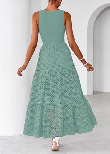 Lazysmile Womens Summer Dresses Crewneck Sleeveless A-Line Hollow Out Eyelet Tiered Tank Maxi Dress Sundress with Pockets - Thumbnail 2