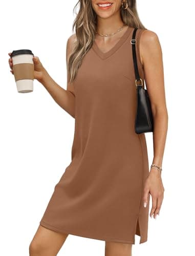 BKRIVE V-Neck Summer Casual Beach Dresses for Women 2026 Vacation Women's Sleeveless Sundress with Split Lightbrown - Image 1