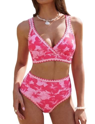 ZAFUL Womens High Waisted Bikini Sets Floral Print Whip Stitch 2 Piece Swimsuits V-Neck Crisscross Tie Back Bathing Suit Rose Red Small - Image 1