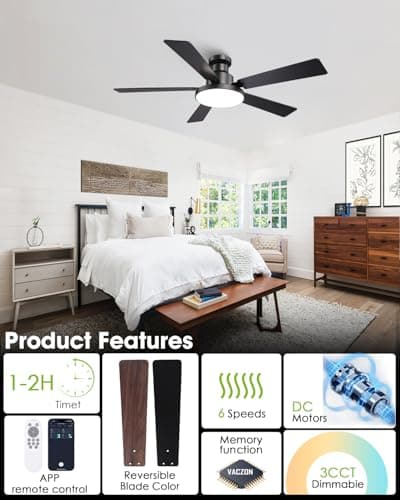 Vaczon 52 Inch Low Profile Black Ceiling Fan with Lights, 12.2'' Large 3CCT LED Light Panel, APP & Remote, 6-Speed Quiet Reversible DC Motor, Modern Flush Mount Ceiling Fan for Bedroom Living Room - Thumbnail 6