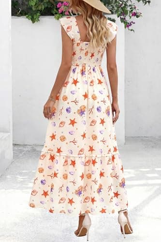 dowerme Womens Summer Maxi Dresses 2026 Casual Ruffle Sleeve Button Smocked Floral Slit Boho Dress Spring Beach Sundress(White Orange Red Flower,XX-Large) - Thumbnail 5