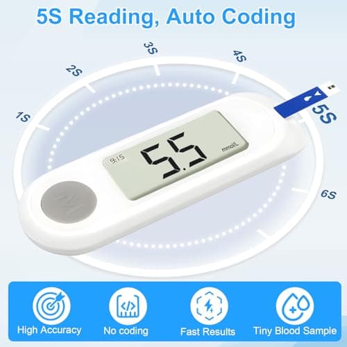 Blood Sugar Monitor,Glucose Monitor Kit with 50 Test Strips & 50 Lancets for Diabetes Testing, Blood Glucose Meter with Auto Eject, No Coding & Large LCD for Seniors - Thumbnail 3