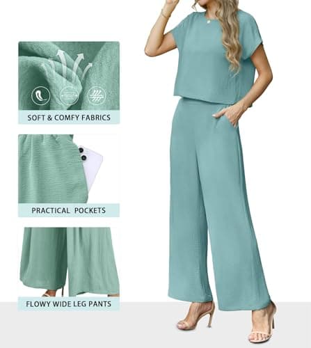 Lepunuo Two Piece Outfits for Women Summer Cozy Cap Sleeve Top and Loose Wide Leg Pants Sets Lounge Matching Set - Thumbnail 2