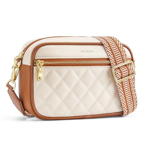 nuoku Quilted Crossbody Bags for Women Wallet Purse with Phone Pocket, Small Travel Purses Anti Theft, Wide Guitar Strap, Beige - Image 1