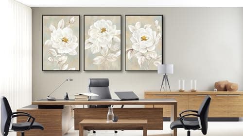 ASDCEUTICALS Large Canvas Wall Art - Beige Bloomy Flower Wall Decor, Vintage Floral Paintings, Aesthetic Botanical Pictures for Living Room Bedroom Office Bathroom Framed Artwork 24" X 36" X 3 Pcs - Thumbnail 5
