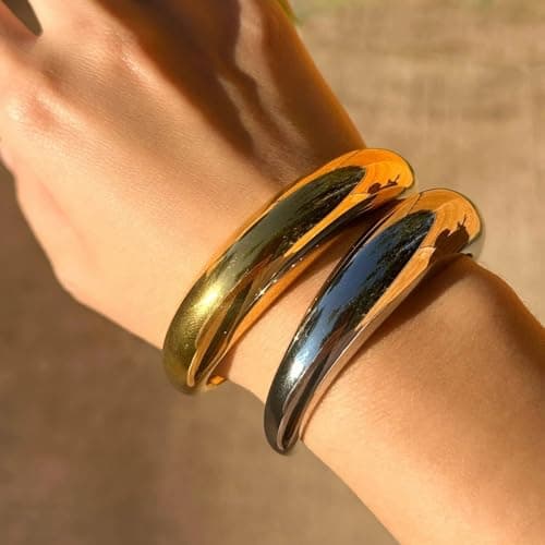 Gold Silver Chunky Bangles Bracelet for Women Trendy, 14K Gold Plated 2 Pcs Dainty Thick Cuff Bracelet Stack - Thumbnail 4
