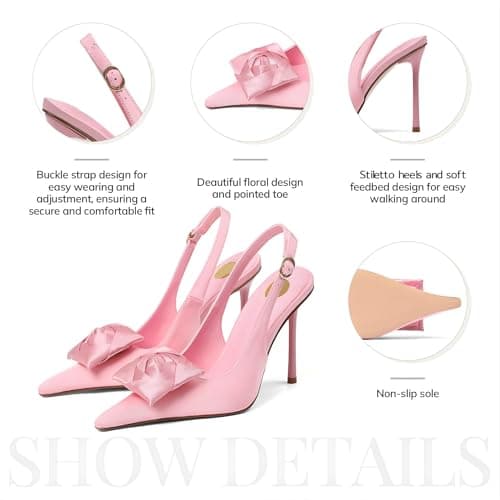 Atsroel Satin Slingback Pumps Women Floral Pointed Toe Pink High Heels - Thumbnail 5