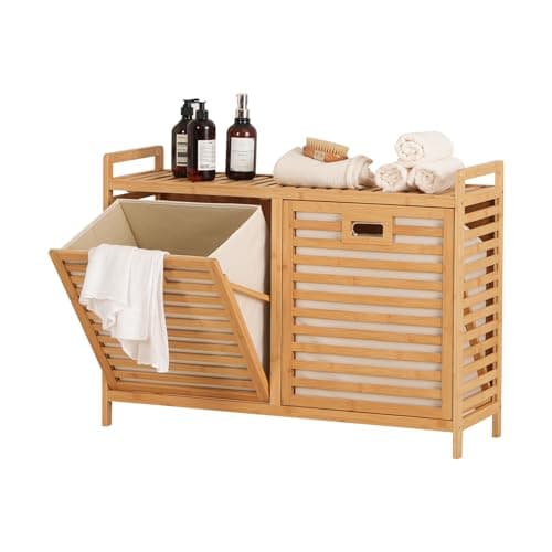 Baveke Bamboo Tilt Out Laundry Hamper with Shelves, Hidden Laundry Hampers with 2 Removable Bag, Pull Out Laundry Hamper Cabinet, Bathroom Storage Shelf for Laundry Room, FSC-Certified, Natural - Image 1