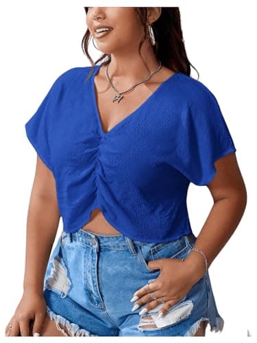MakeMeChic Women's Plus Size Ruched Front Short Sleeve Shirts Casual V Neck Crop Top Blouse Royal Blue 0XL