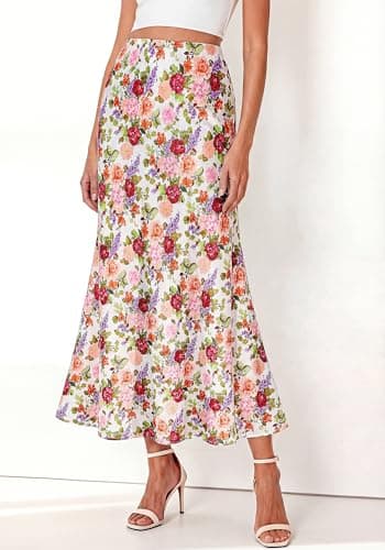BTFBM Midi Skirts for Women 2026 Summer Spring Lightweight A Line High Waisted Wedding Guest Party Silk Long Skirt(Floral White Multicolored, Small) - Thumbnail 2