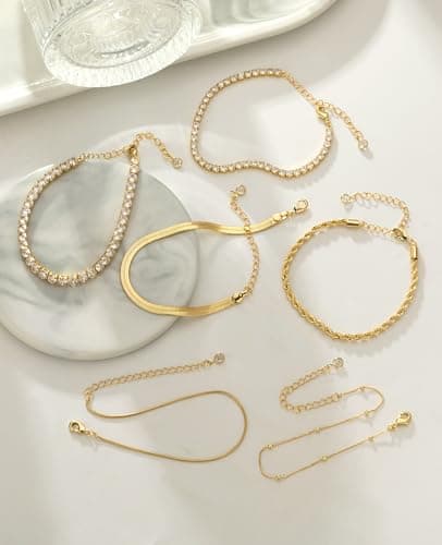 Gold Bracelets for Women 14K Gold Plated Stack Trend Bracelets Charm Paperclip Chain Cuban Link Layered Waterproof Bracelet Dainty Bracelet for Women Jewelry Gifts (6Pcs Gold) - Thumbnail 5