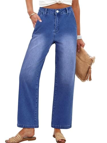 ANRABESS Womens Jeans High Waist Straight Leg Stretchy Ankle Length Denim Pants with Pockets Dark Blue Medium - Image 1