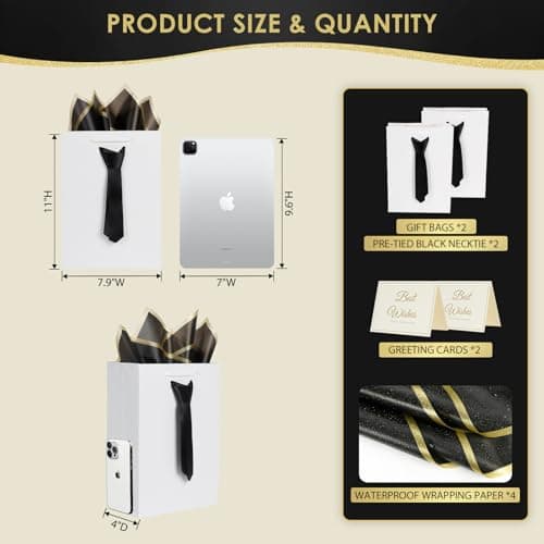 2 Pcs Fathers Day Gift Bags, white Gift Bags with Handles and Pre-Tied Blue Tie, 2 tissue paper and 2Greeting Cards,Fathers Day Gift Bag, birthday gift bags for men boy, Teacher Appreciation gift bags,Graduation Party Wedding gift bags (Small white/black) - Thumbnail 2