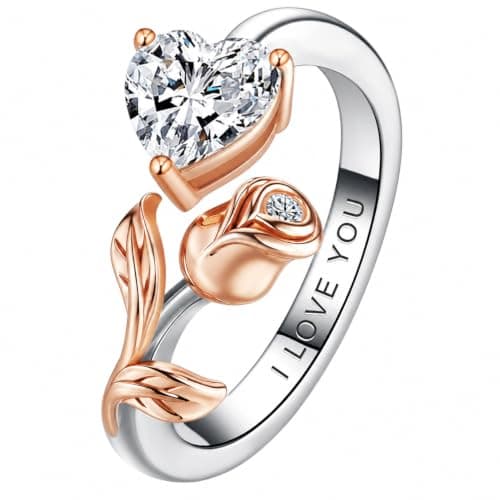1CT Rose Heart Adjustable Ring 6.5~8 Ring Moissanite/Lab Created Ruby/Emerald And More VVS1 D Clarity 18K White/Rose Gold Gift for Wife Mother Daughter Birthday Wedding Engagement Christmas Anniversary Mothers Day Gift for Mom Bride
