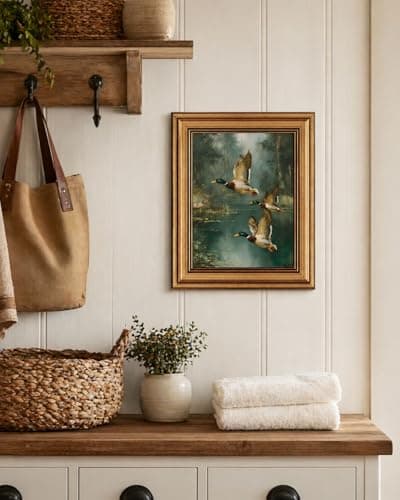 Gold Framed Wall Art, Vintage Mallard Duck Canvas Prints, Flying Ducks Rustic Cabin Lake Picture Wall Decor, Farmhouse Wildlife Nature Artwork for Living Room Hunting Lodge, Man Cave 9x11 inch - Thumbnail 4