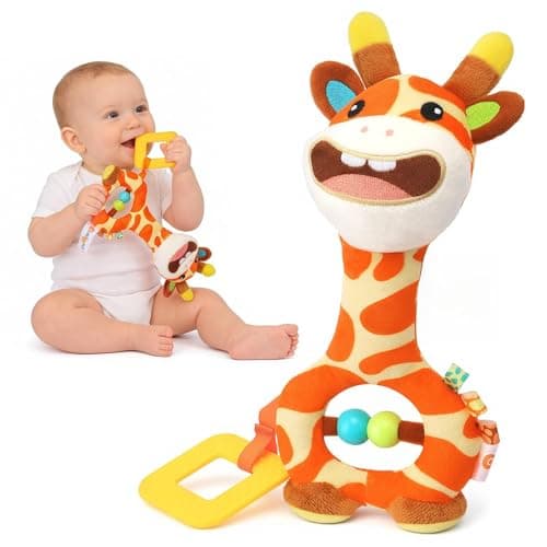 Baby Toy 0-12 Months - BPA-Free Soft Plush Sensory Toy with Gentle Squeaker, Safe Hand Grip & Teething Relief, Portable Newborn Toy for Diaper Bag, Baby Shower Gift (Orange Giraffe) - Image 1