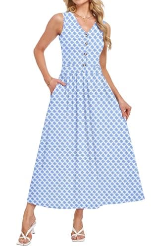 MOLERANI Boho Sundress Womens 2026 Casual Sleeveless V-Neck Elegant Flowy Floral Long Dress with Pockets,Vacation,Party(Ice Blue Lattice,M) - Image 1