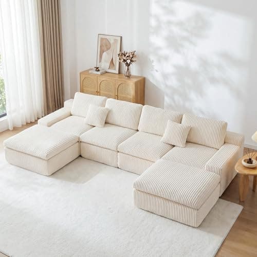 HipyMo 134" U Shaped Boneless Sectional Couches for Living Room, Modern Modular Sectional Sofa with 2 Ottomans, Comfy Corduroy Cloud Couches with Deep Seats for Apartment, No Assembly Required, Beige - Image 1
